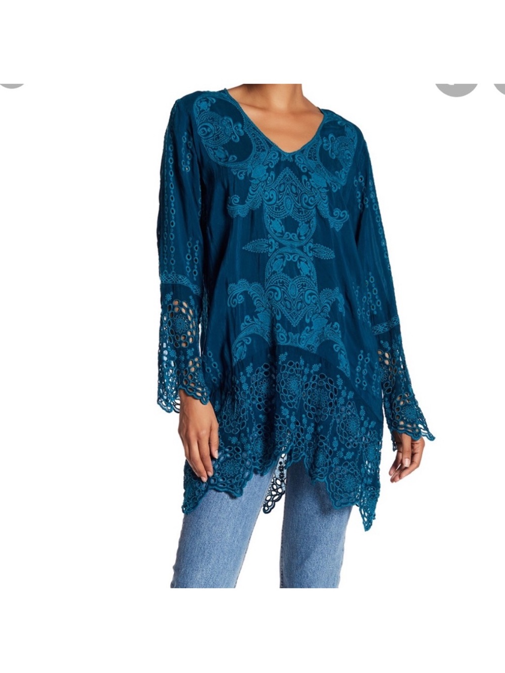 Johnny Was Teal Blue Lona V-Neck Eyelet Embroidered Tunic Top XL